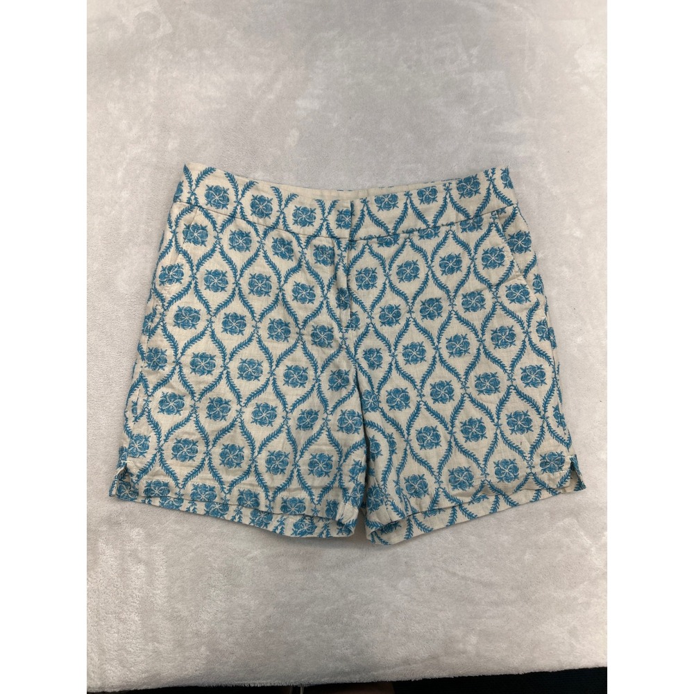 Ann Taylor LOFT Riviera Shorts 8 Blue Cream Linen Lined Embroidered Floral Mid